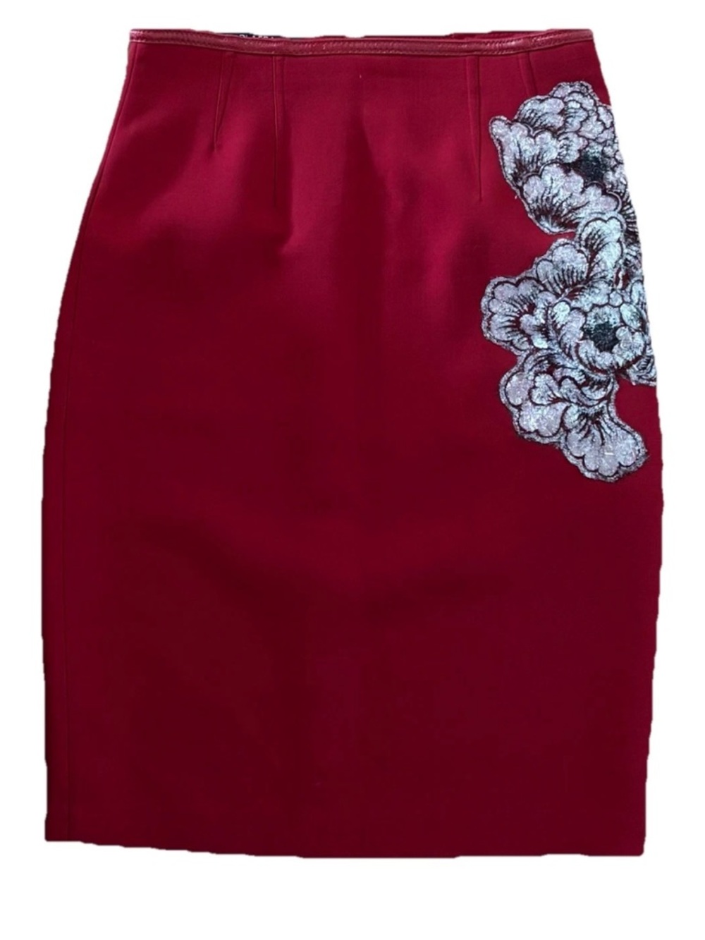 Paola Frani red wool blend pencil skirt with floral appliqué size IT 36 / US 2